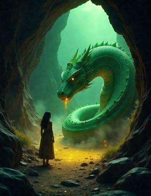 The primary subject of the image is a woman standing in front of a large green dragon. The setting is a cave, with the woman and the dragon being the main focus of the scene. The visual style appears to be a digital art or illustration, creating a fantastical and imaginative atmosphere. The dominant colors are green and orange, with the green dragon being the most prominent feature in the image.